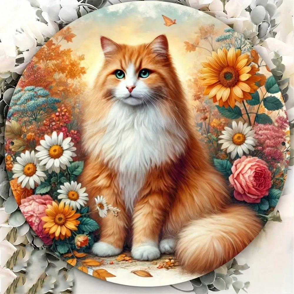 Metal Cat Wall Art Round Wreath Sign Waterproof Home Cafe Decor
