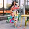 New spring and summer dress African printed bow collar seven-quarter sleeve medium and long dress large size women's clothing