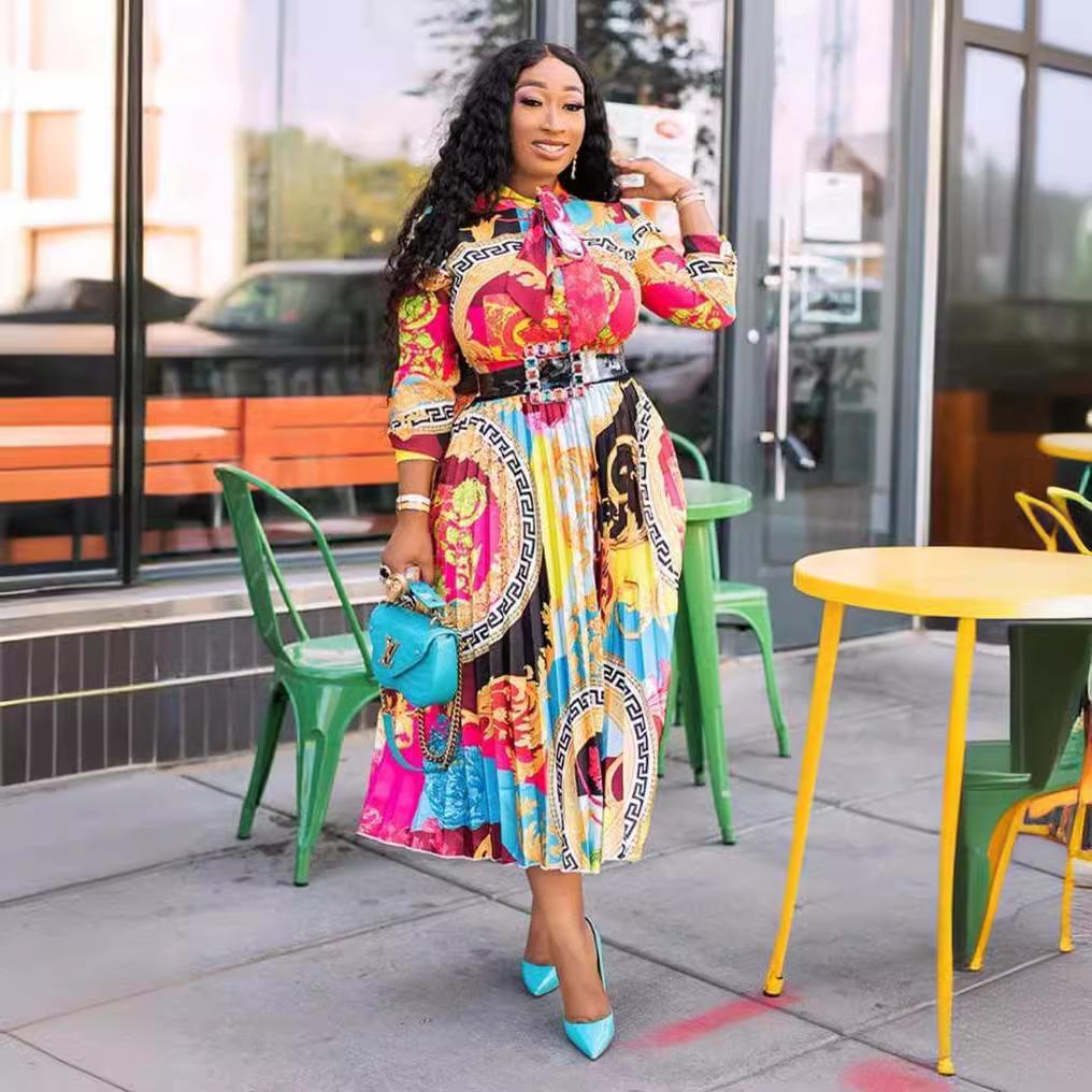 New spring and summer dress African printed bow collar seven-quarter sleeve medium and long dress large size women's clothing