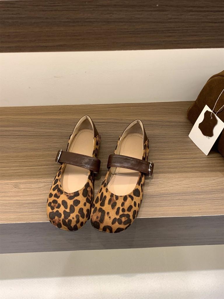 Flat bottom suede leopard print single shoes spring and autumn Mary Jane evening shoes