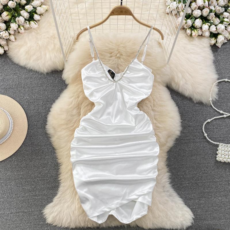 Sweet Cool Spice Girl Acetate Satin Suspender Skirt Fashion Waist Skinny Small Folded Short Hip Wrap Dress Summer