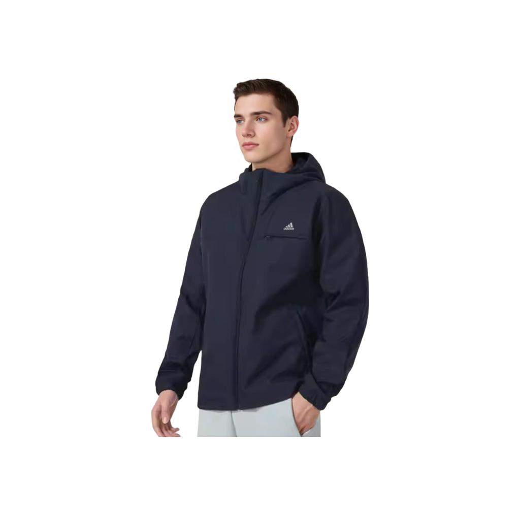 adidas Solid Color Logo Print Zip-Up Hooded Jacket Men Outerwear Navy-Blue IK7348