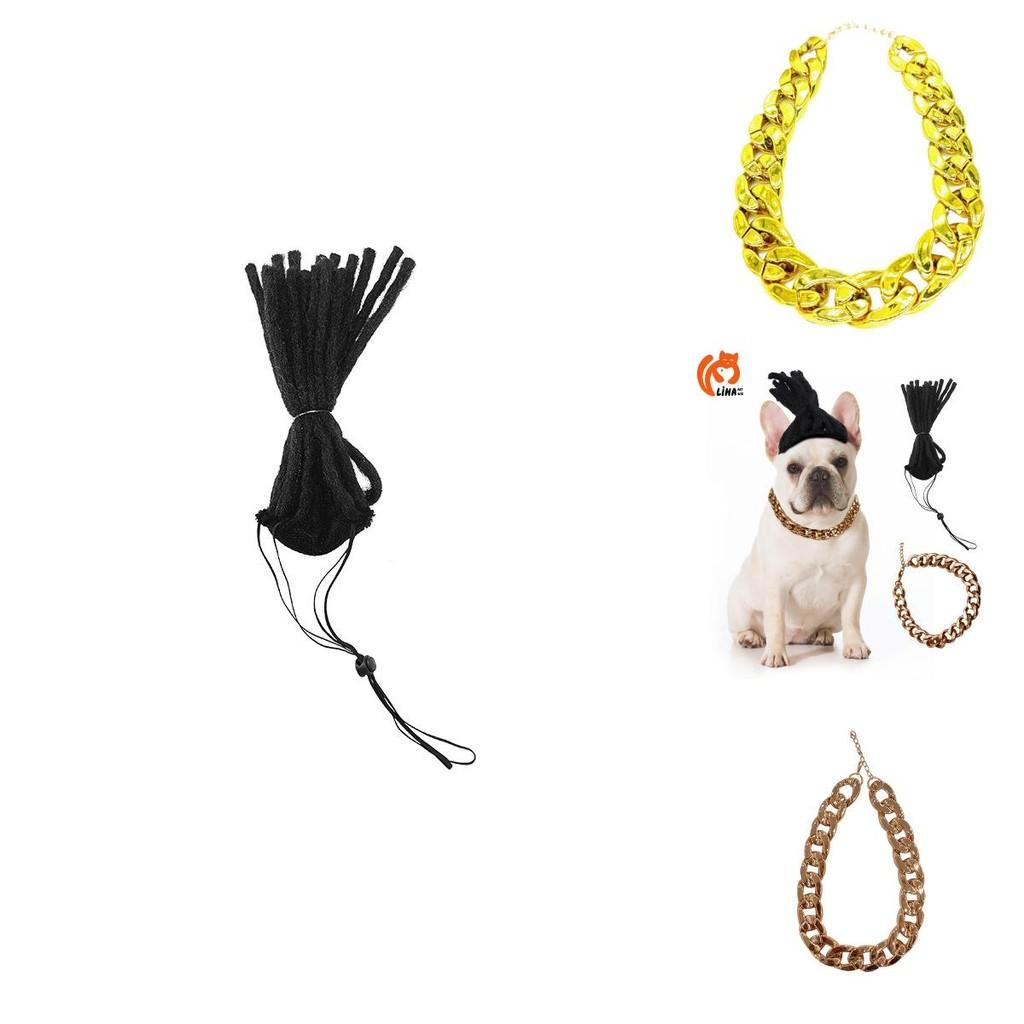 Stylish Pet Gold Chain Necklace With Funky Dog Dreadlock Wig Perfect For Halloween And Christmas Celebrations