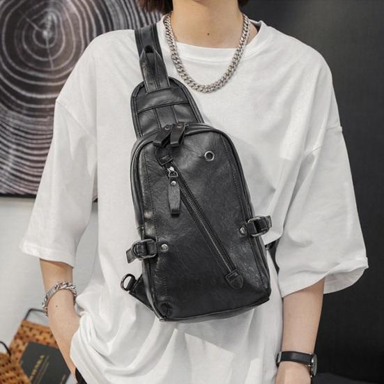 Men Chest Bag Waterproof Faux Leather Crossbody Bag Travel Sling Bag Casual Sling Backpack for Camping Hiking Running