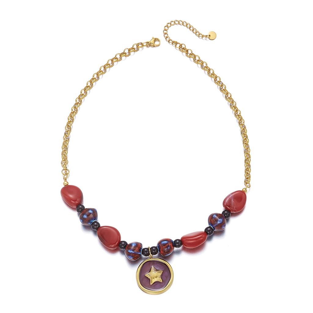 Vintage Star Stainless Steel Beaded Choker Necklace for Women Dainty Stone Pendant Chain Party Fashion Jewelry Gift