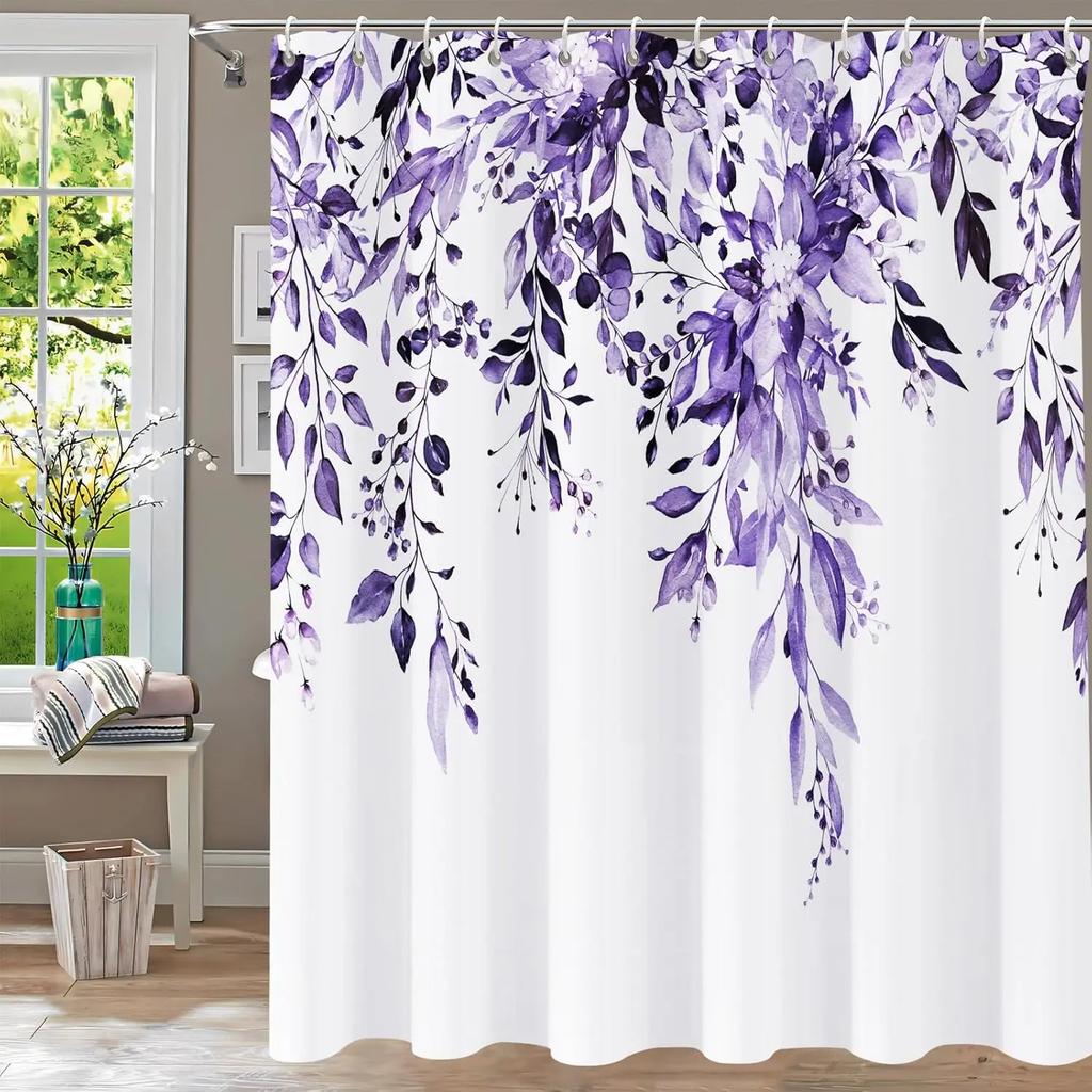 Bathroom Fabric Shower Curtain Waterproof Green Washable Watercolor Leaf Top Plant Bathroom Shower Curtain with Flowers