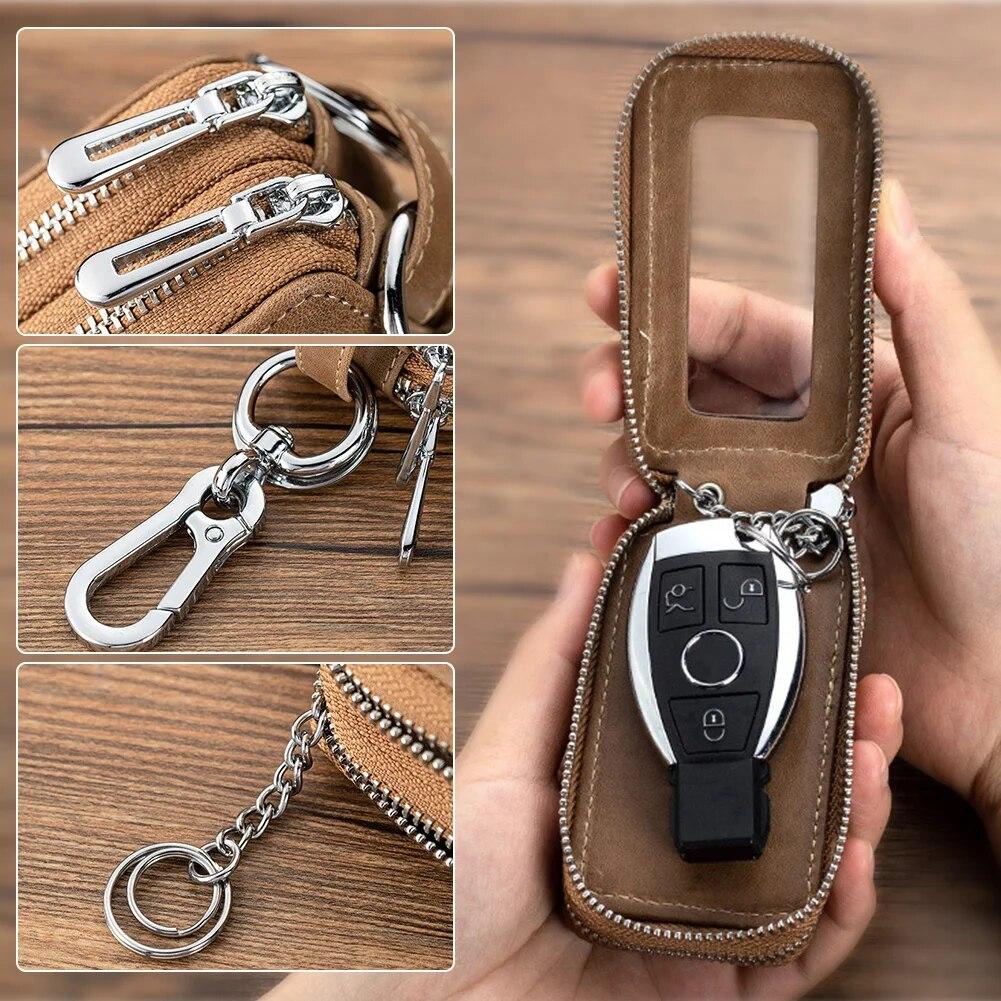 Genuine Cow Leather Home Car Keys' Bag Double Pocket Zipper Mini Wallet Earth Yellow Men Women's Key Holder Transparent Pocket