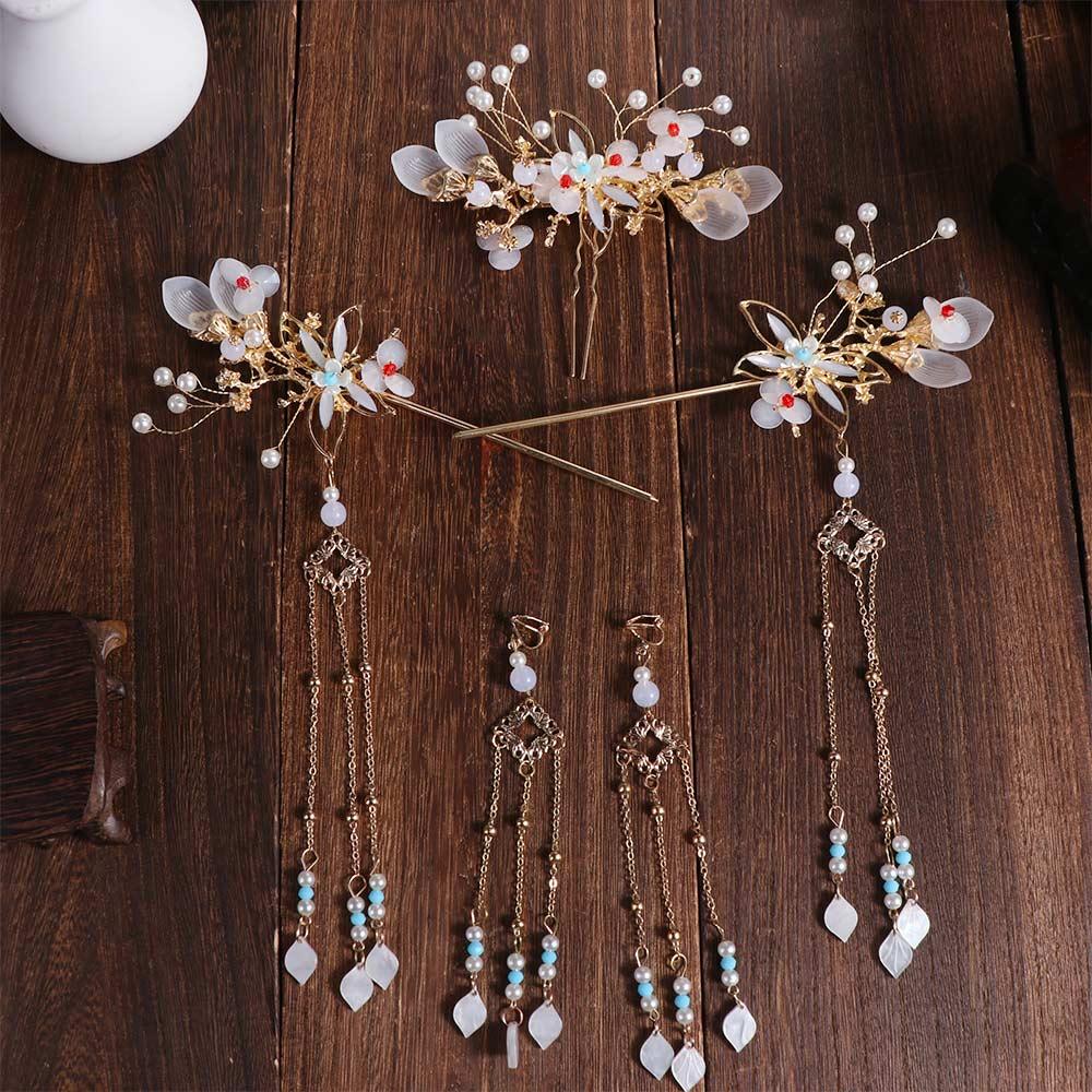 Zinc Zinc Alloy Wedding Dress Hair Accessories Plastic Earrings Hairpin Set Flower Bridal Headwear Hanfu