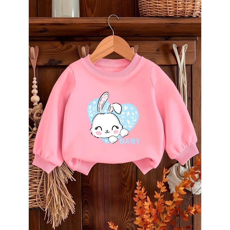 Cute Rabbit Print Sweatshirt for Baby Girls, Lightweight And Round-Necked, Designed for Ages 0-3