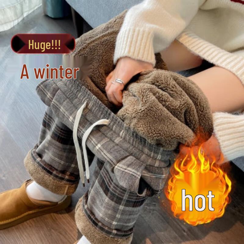 HSTYLE Women's Fleece-Lined Plaid Wide-Leg Pants