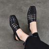 Johnature Real Leather Low Heel Sandals Woven Hollow Out Versatile Square Toe Commuting Women's Shoes