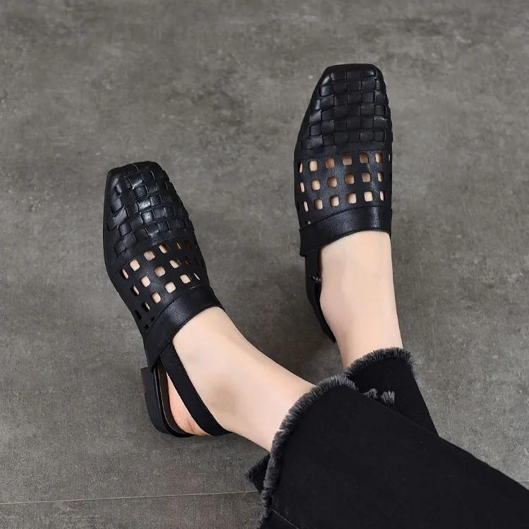 Johnature Real Leather Low Heel Sandals Woven Hollow Out Versatile Square Toe Commuting Women's Shoes