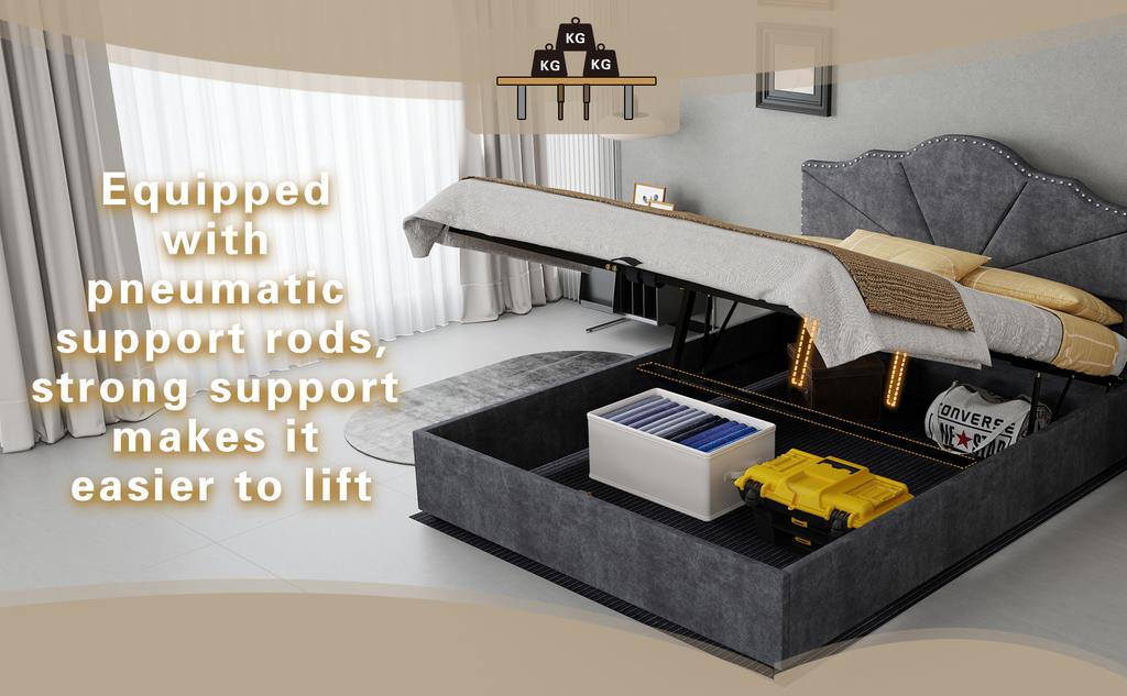 Modern minimalist bed, comfortable headboard, 140*200CM, gray, high box bed with pneumatic rod, does not include mattress.