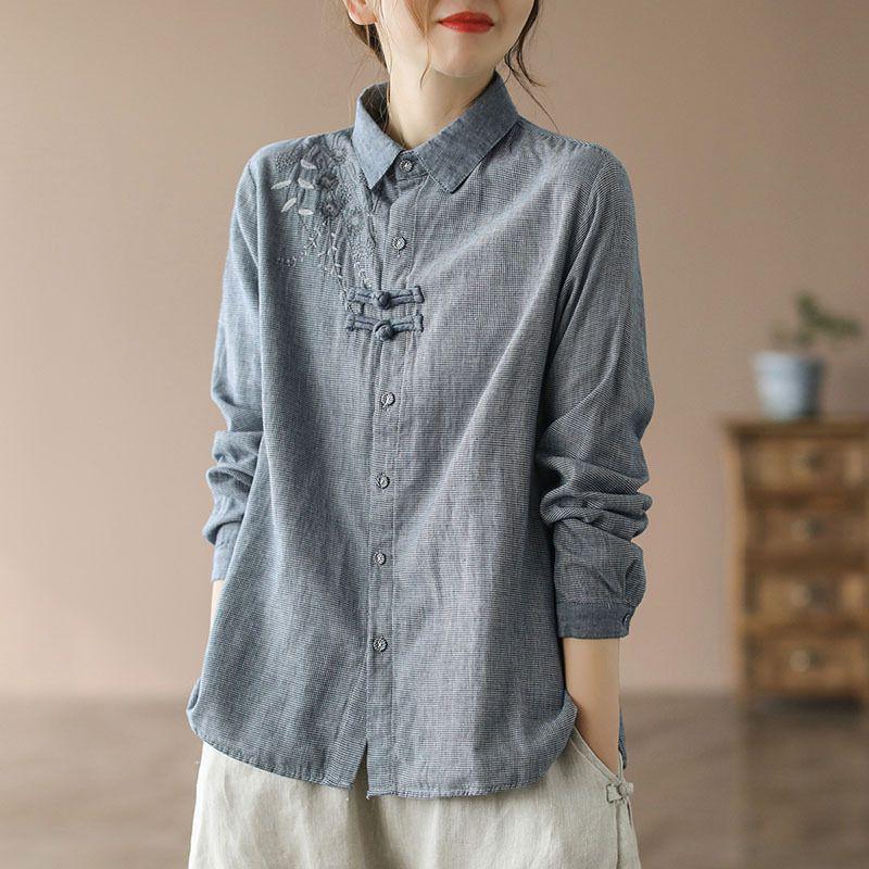 Grey Button Cotton Linen Embroidered Plaid Shirt Top For Women s Spring/summer Long Sleeved Tops S