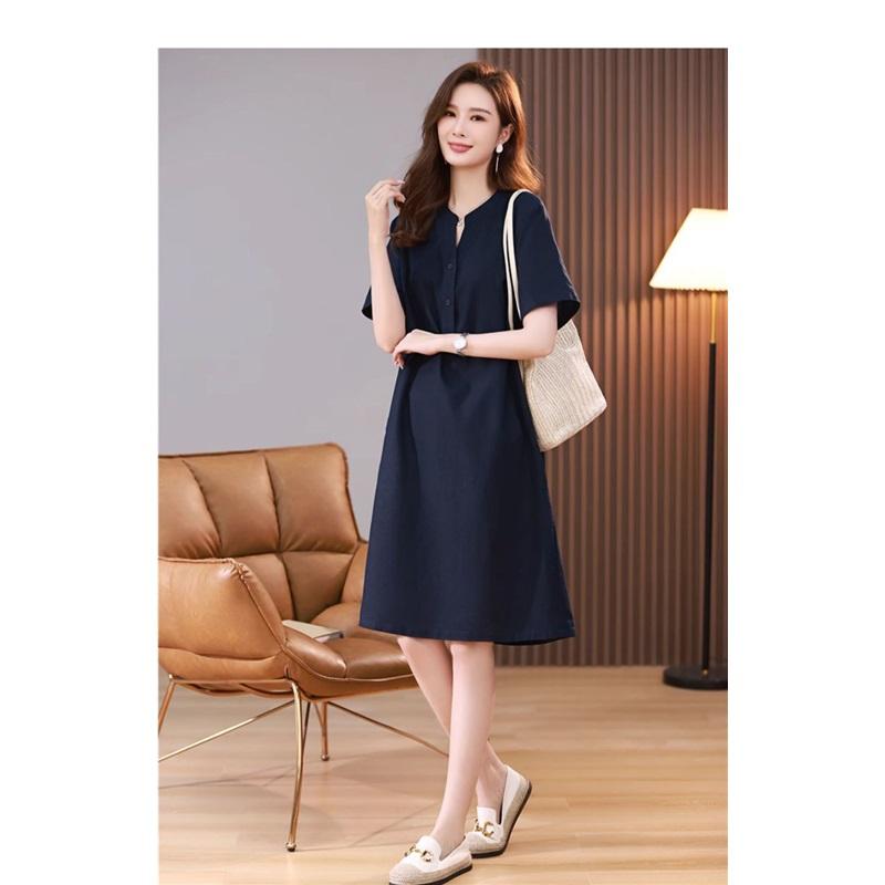 Women Summer Linen Cotton Dress V Neck Half Button Short Sleeve Midi Dress Loose Plus Size Elegant Mother Dress Casual Pocket Dresses