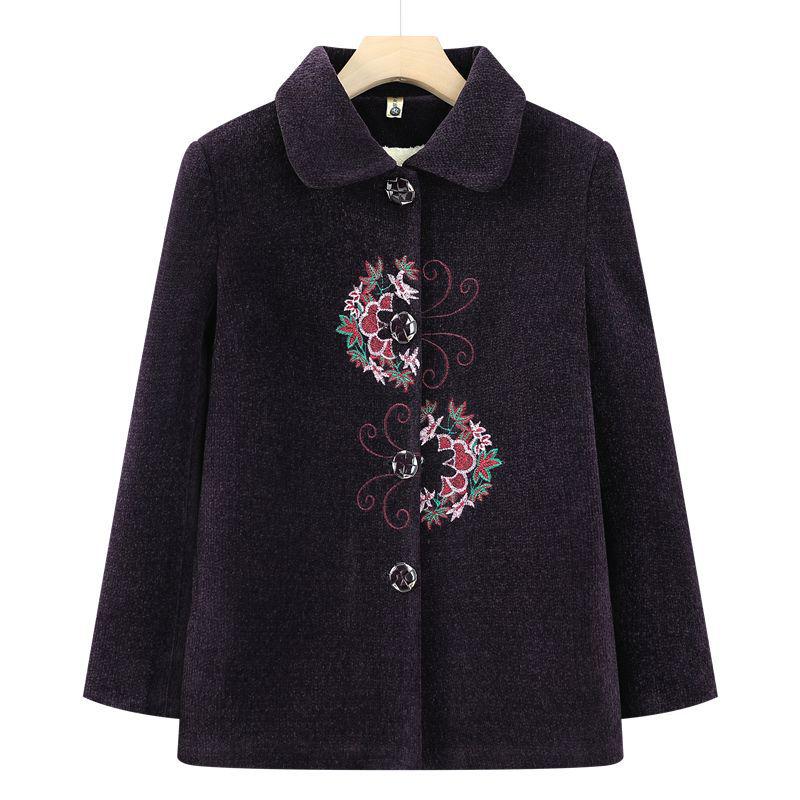 Elegant Embroidered Wool Coat for Elderly Women - Autumn/Winter Fashion with Velvet Lining