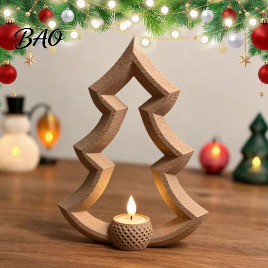Easy Setup Christmas Ornament Tree Tea Light Candle Holder, 3D Printed Hollow Wood Winter Seasonal Tabletop Decor for Holiday Party Home Decor,
