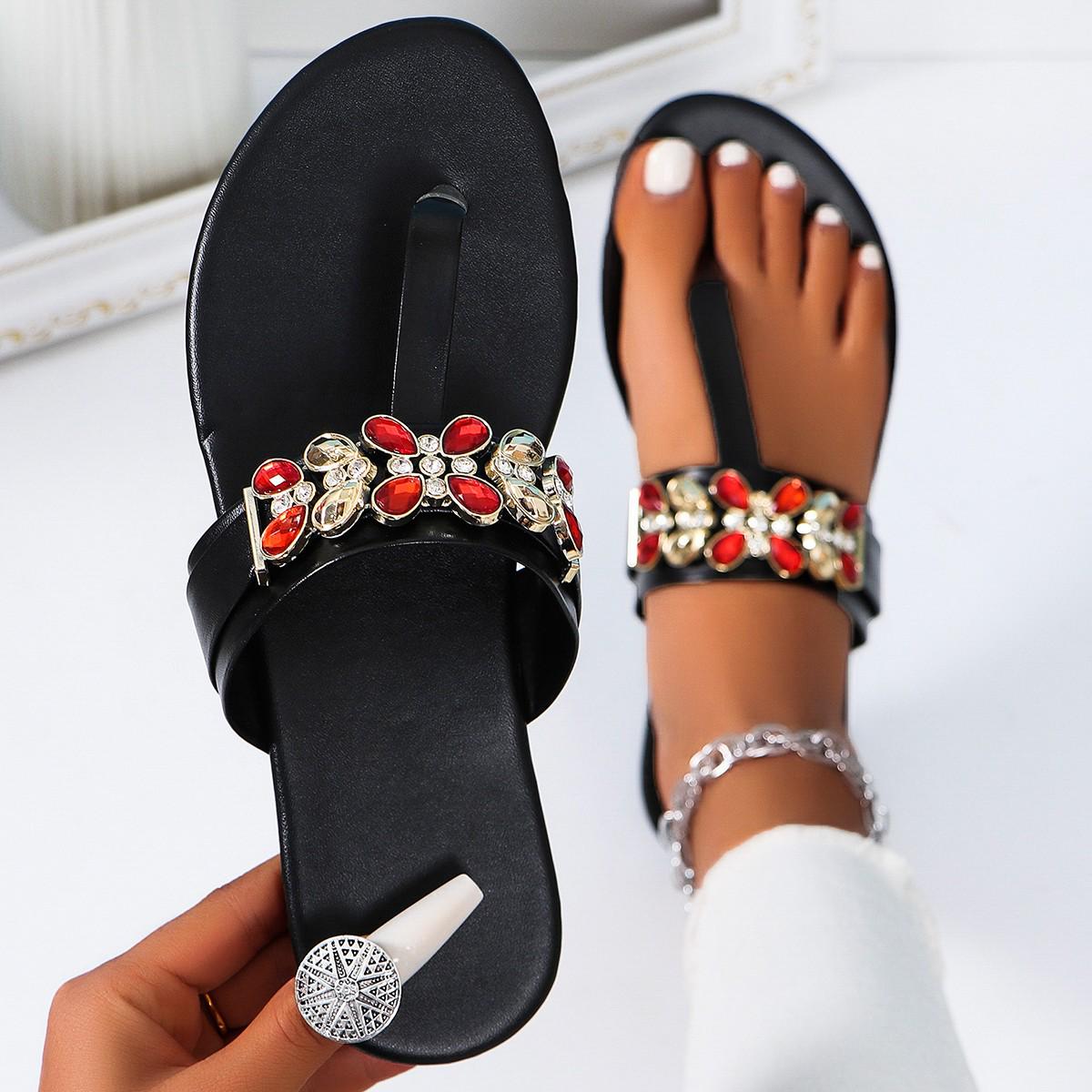 Women s Summer 2024 Plus Size Beaded Flip-Flops: Breathable, Flat Bottom Outdoor Slippers 38