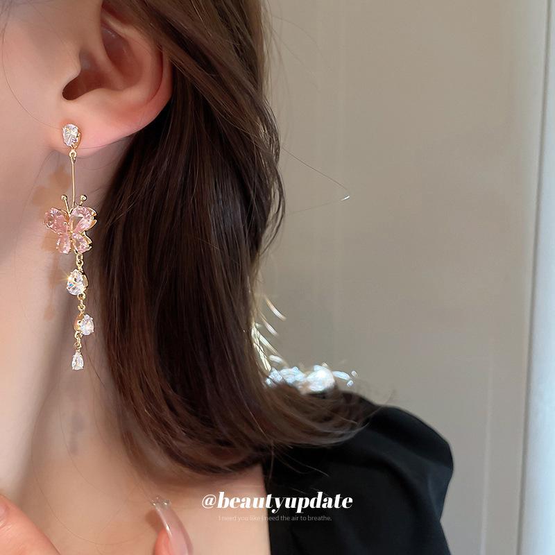 Silver Needle Korean Style Pink Zirconia Butterfly Tassel Stud Earrings - Luxurious and Exquisite Accessories for Women