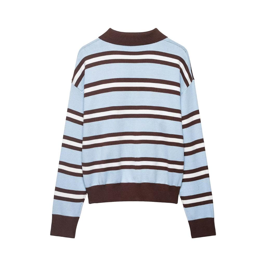 European and American Style, New Women's Clothing, Foreign Style Fashionable Casual Striped POLO Shirt Neck Knitted Sweater