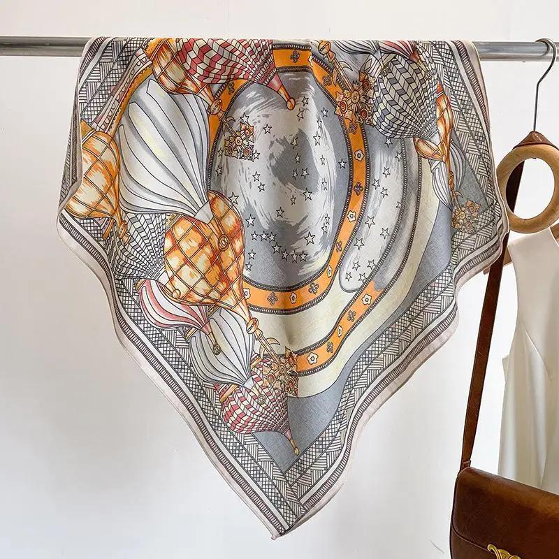 2024 Luxury Animals Floral Print 70cm Cotton Velvet Square Scarf for Women Soft Neckerchief Lady Hijab Neck Tie Hair Headbands