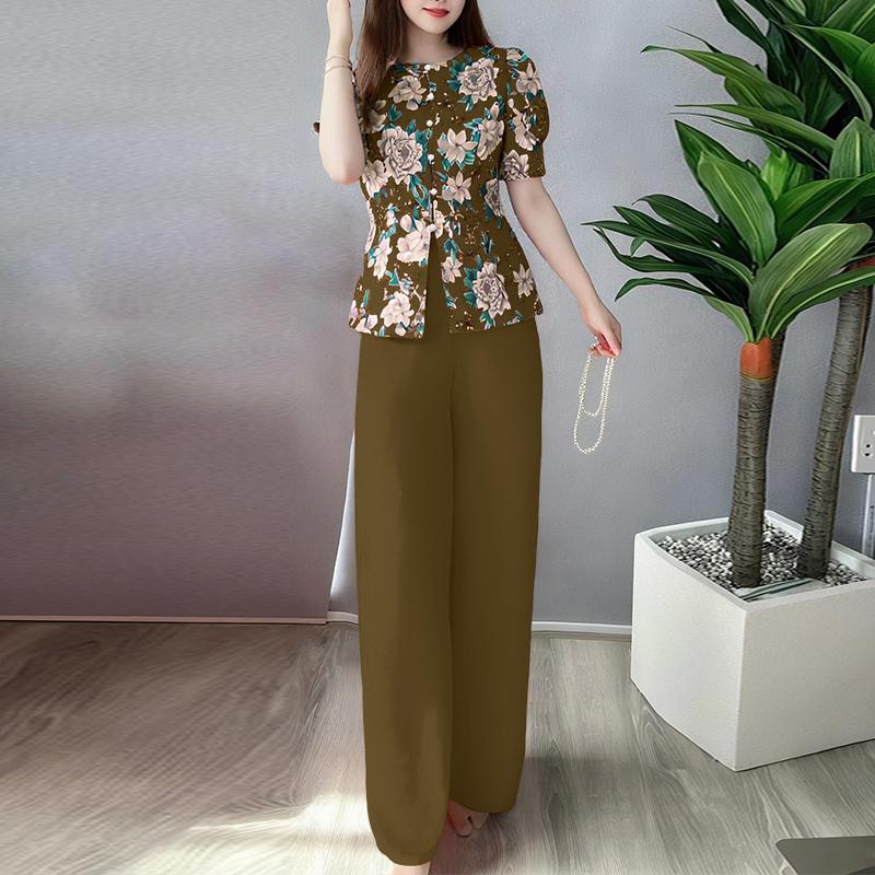 

ZANZEA Женский комплект из блузки с коротким рукавом и брюк с цветочным принтом, повседневный костюм-двойка 4XL коричневый