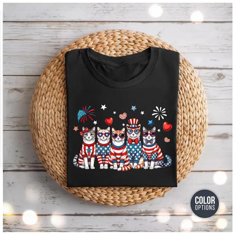 Patriotic Cat T-Shirt 4th of July USA Flag Tee XL