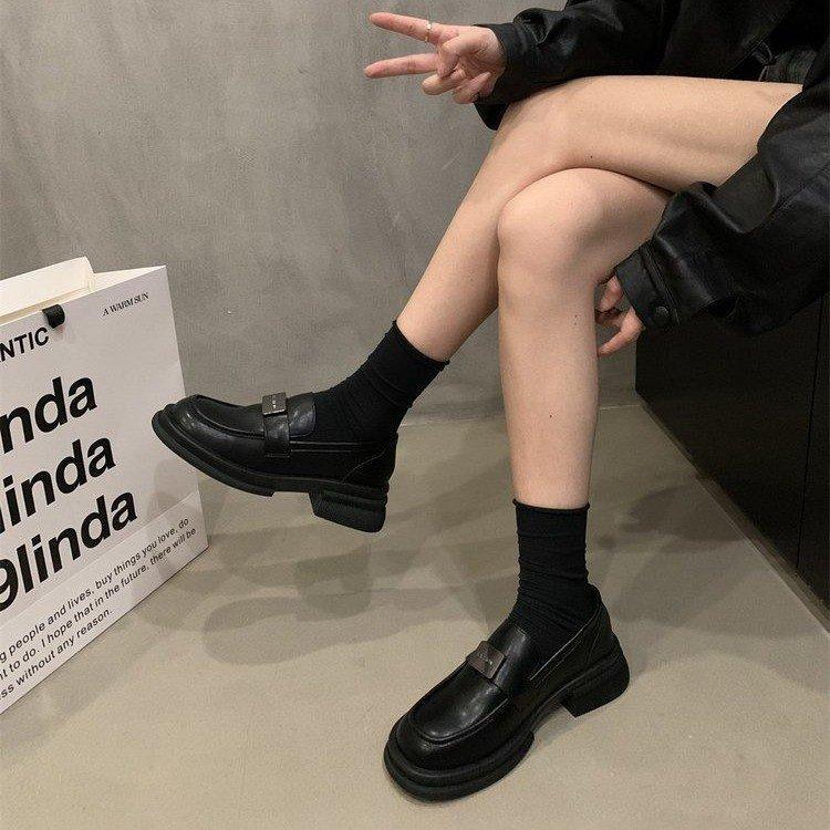 

British style small leather shoes versatile thick heel black loafers autumn and winter platform women s shoes high-end retro single shoes jk shoes 35