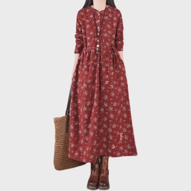 Women's Retro Floral Velvet-Lined Cotton Linen Dress - Round Neck, Long Sleeves, Loose Fit for Autumn/Winter 2023.