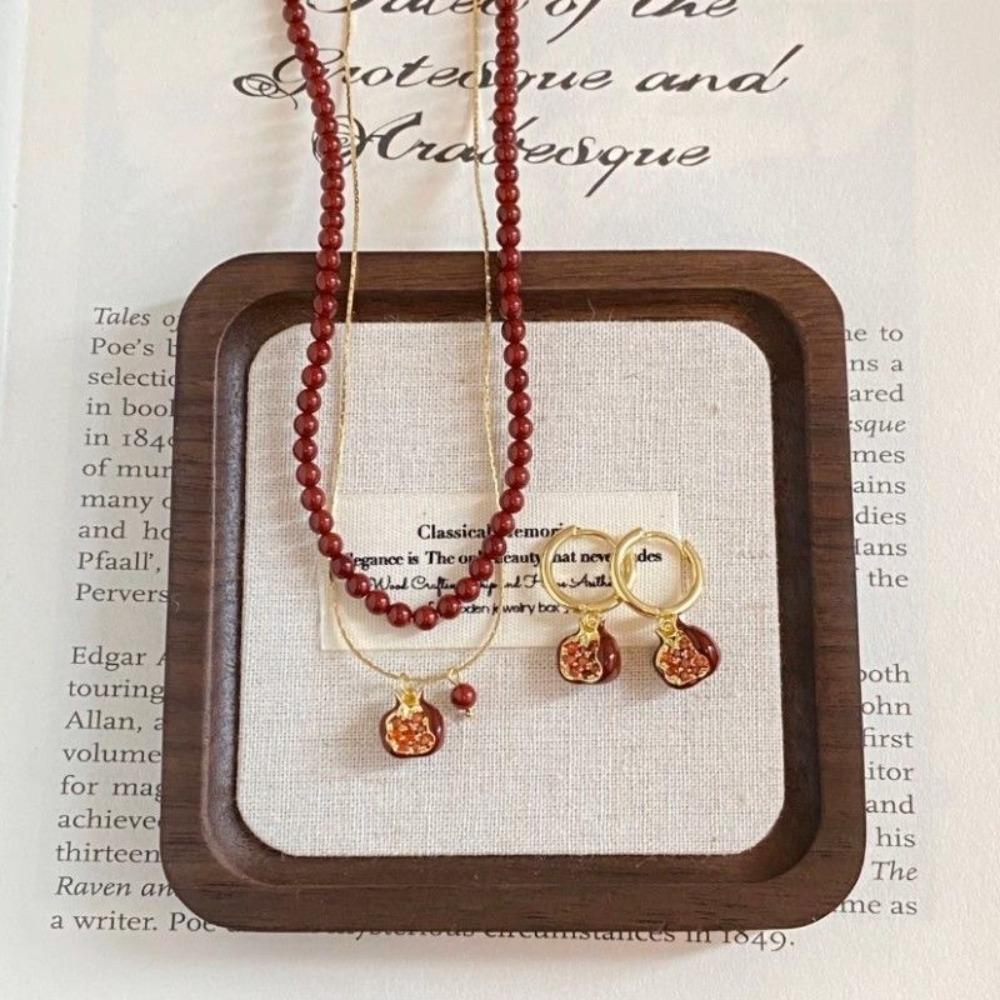 Retro Trendy Red Fruit Pomegranate Pendant Stackable Necklace Earrings Set for Women New Year Lucky Chinese Style Jewelry Sets