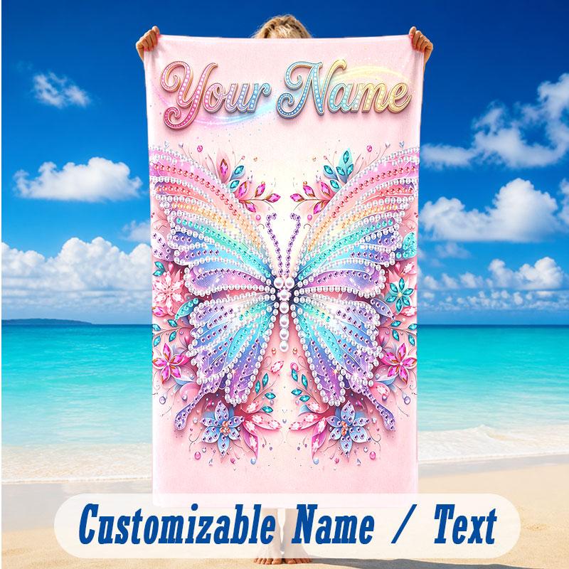 Butterfly Theme Beach Towel Personalized Custom Name & Text Soft Quick Dry Beach Towel for Swimming Travel