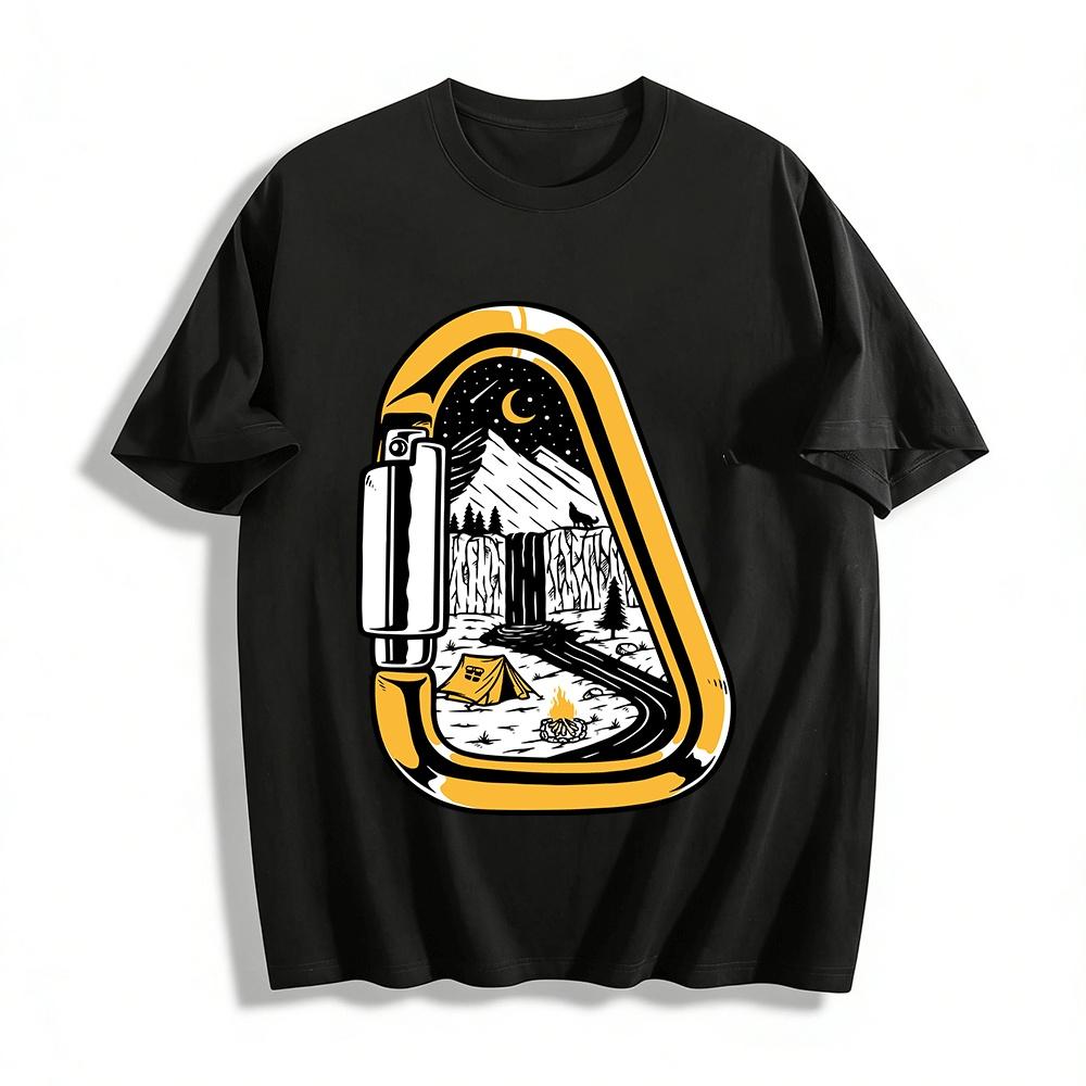 

Outdoor Camping Carabiner Print Tee Mountain Moon Night Adventure Top Pure cotton T-shirt XXS