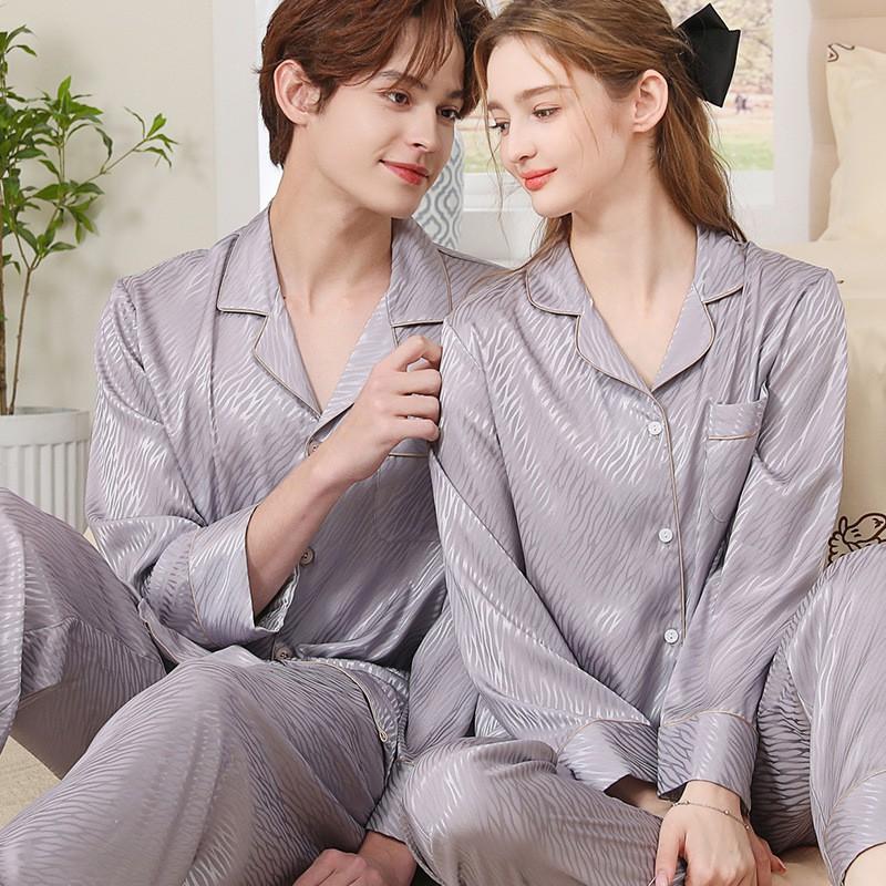 Long Sleeve Silk Pajamas Set Men Women Soft Thin Loungewear Plus Size Sleepwear