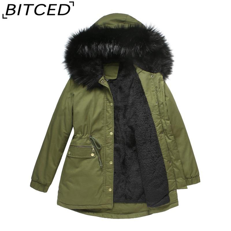 BITCED Fall/Winter Puffer Jacket for Women with Fleece Lining, Fur Collar, Hooded Warm Coat, Loose-Fit Cotton Jacket
