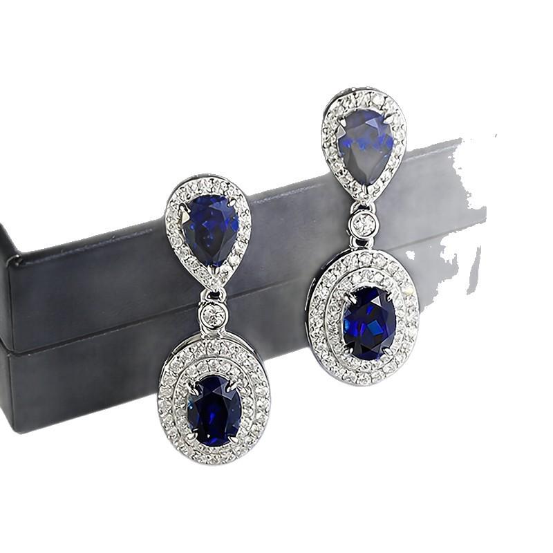 Luoxi Temple S925 Silver Pigeon Blood Red Blue Sapphire Earrings for Women - Pear-shaped Oval 5*7mm