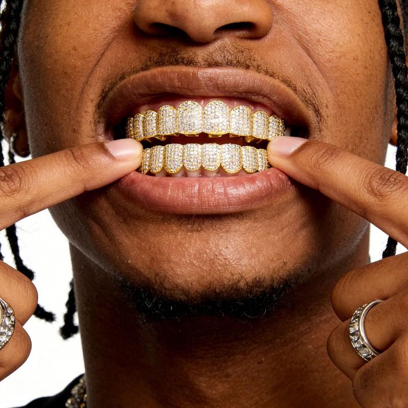 Hip Hop Grillz Teeth Cover With 8A Zirconia Stones Gold Copper Unisex Costume Accessory Halloween Party