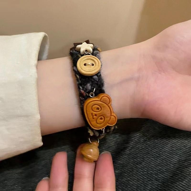 Bear Snuggly Bracelet For Women Elegant Plush Yarn And Wood Handmade Gift Christmas