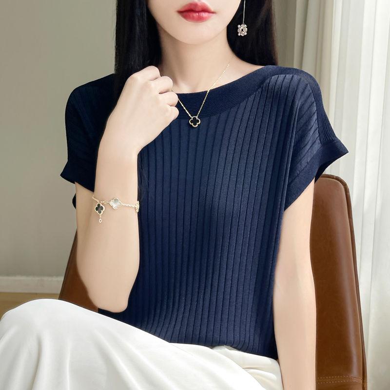 Fashion Slash Neck Women Sweater Ice Silk Spring Summer Knitted Sweater Loose Casual Korean Shirts Short Sleeve Knitwears