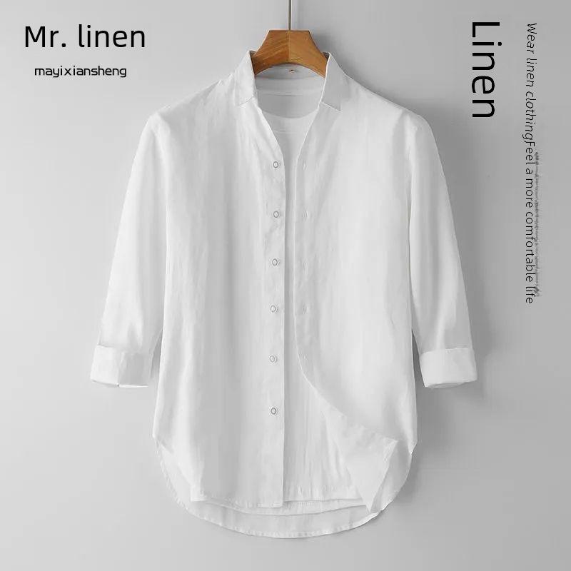 Men's Casual White Linen Shirt - Breathable, Loose-Fit, Three-Quarter Sleeve