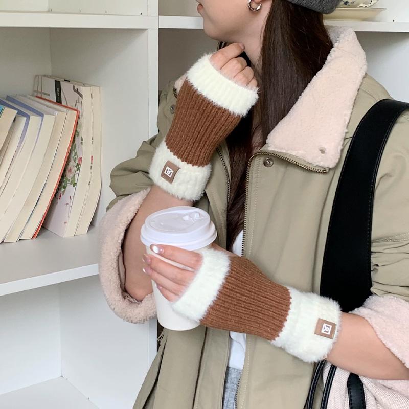 1Pair Fingerless Gloves Solid Color Plush Warm Knitted Soft Half-Finger Flexible Cold-proof