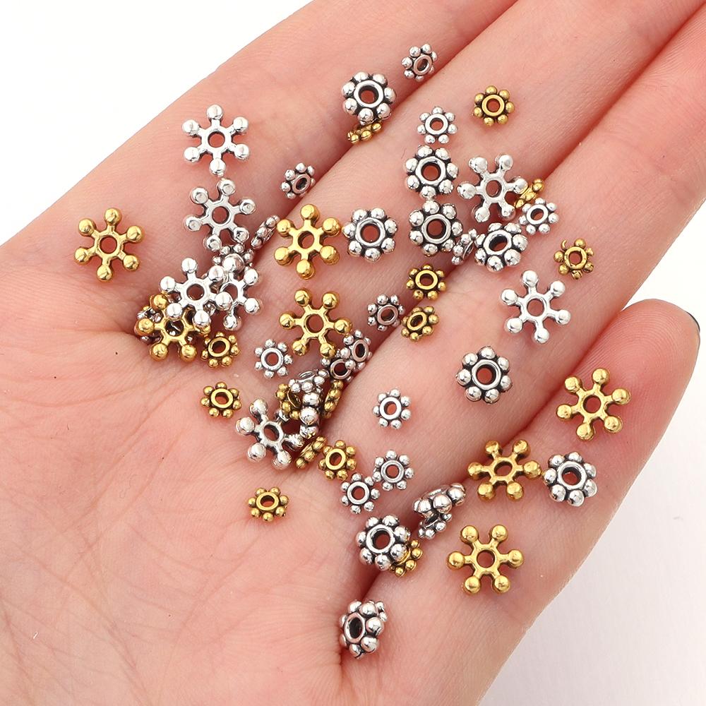 100-200Pcs 4 5 7mm Alloy Flower Spacer Beads For Jewelry Making Snowflake Loose Beads For DIY Bracelet Jewelry Making Supplies