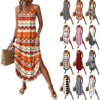 Women's Fashion Casual V-neck Sleeveless  Dresses Print Dresses Beach Long Dresses