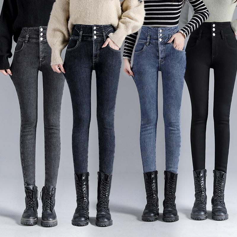 Moda coreeană de iarnă din catifea groasă pentru femei, blugi skinny cu talie înaltă, fleece simpli, calduri, slim fit stretch, pantaloni casual de denim pentru femei