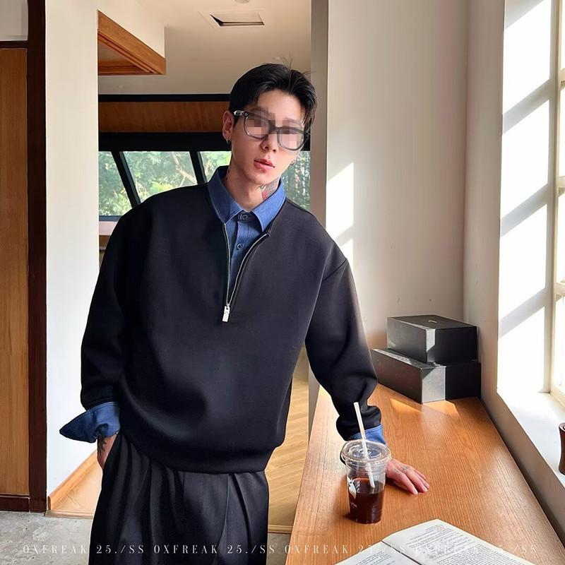 Men s Korean Style Velvet-Lined Half-Zip Hoodie: Trendy, Loose-Fit, Textured Lapel, Perfect for Autumn/Winter. Large