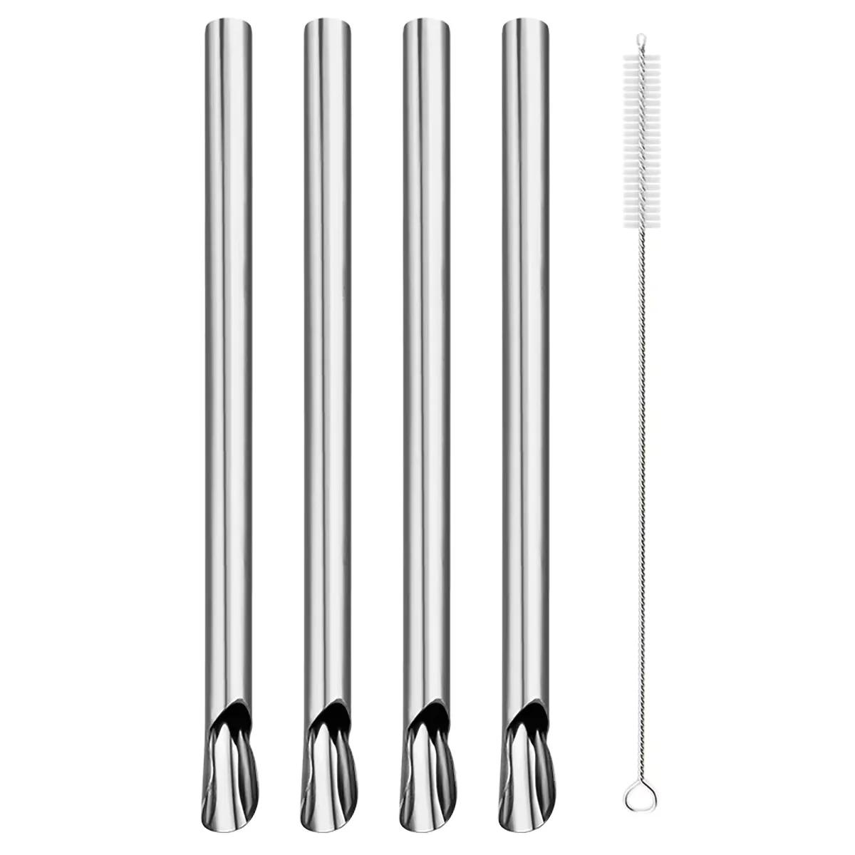 4Pcs Straw Spoon Durability Stirring Spoon Drinking Straw for Smoothie Milkshake Bar Reusable Stainless Steel Scoop