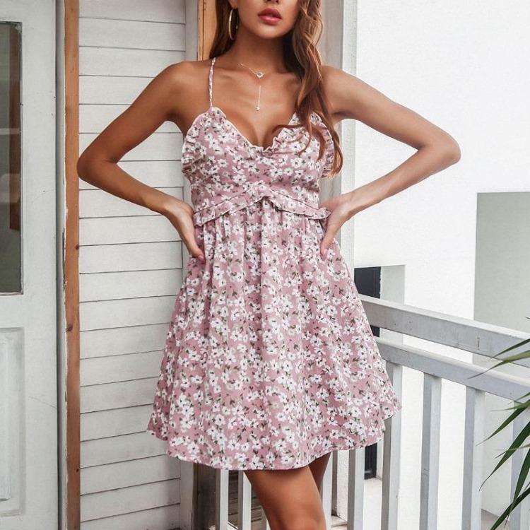 Blumendruck Damen Spaghetti-Träger A-Linien-Kleid Ärmellos Hohe Taille Über Knie Sommer Frühling S-XL