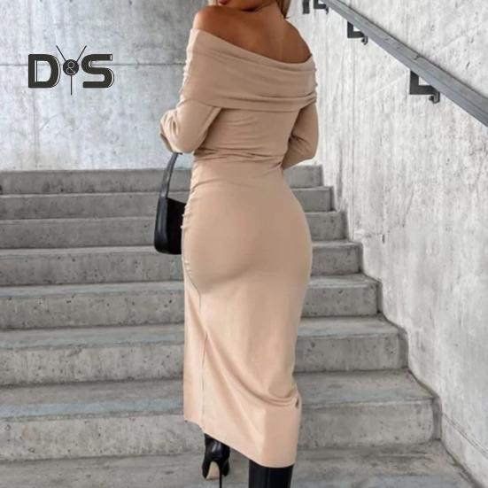 Frauen Herbst Winter, Figurbetontes Kleid Schulterfrei Langarm Schlitz Saum Slim Fit Enges Party Midikleid Einfarbiges Hüftwickelkleid