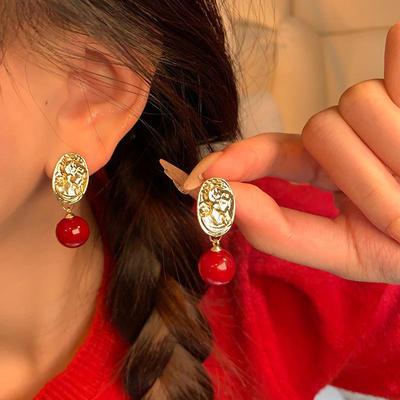 Medieval Style Ankola Red Portrait Pendant Earrings – Elegant Retro Earrings for Women