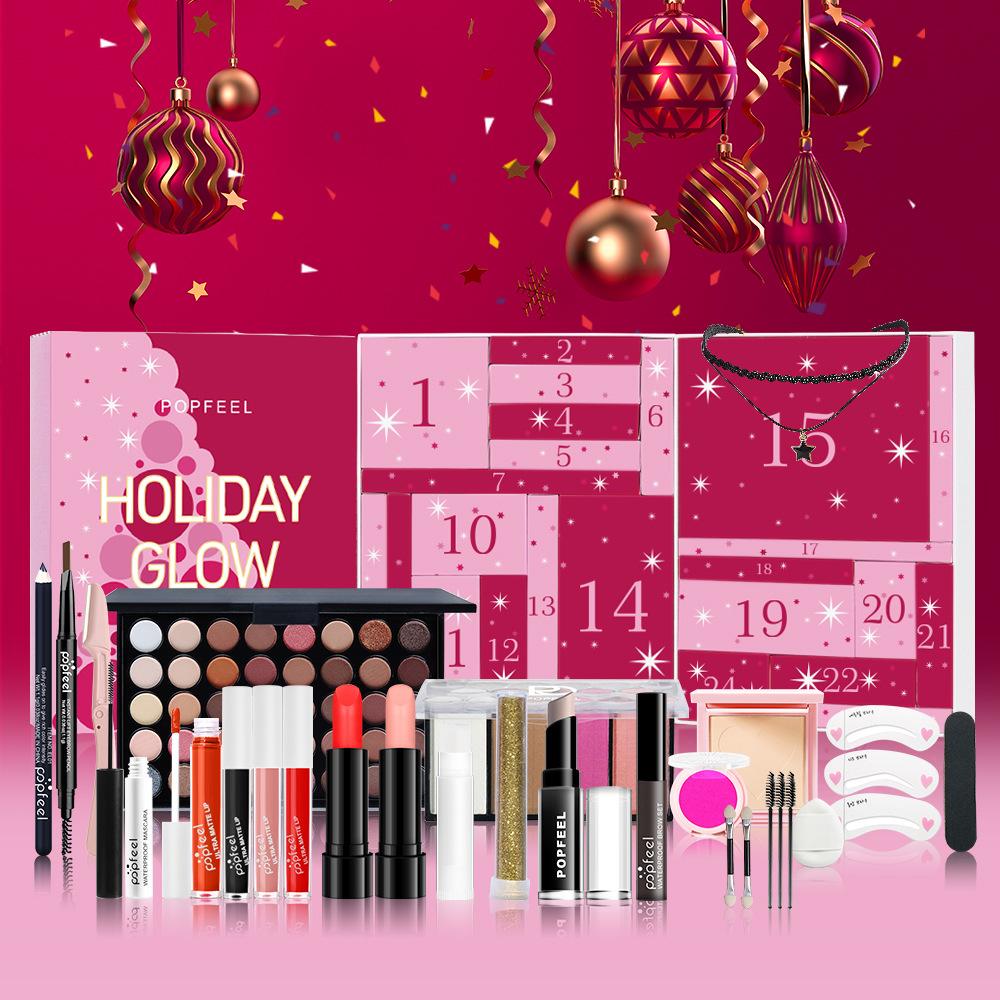 Popfeel Holiday Glow Advent Calendar Makeup Set Full Kit Earth Tone Eyeshadow Lipstick Lip Gloss Mascara Beginner Holiday Gift Box for Women