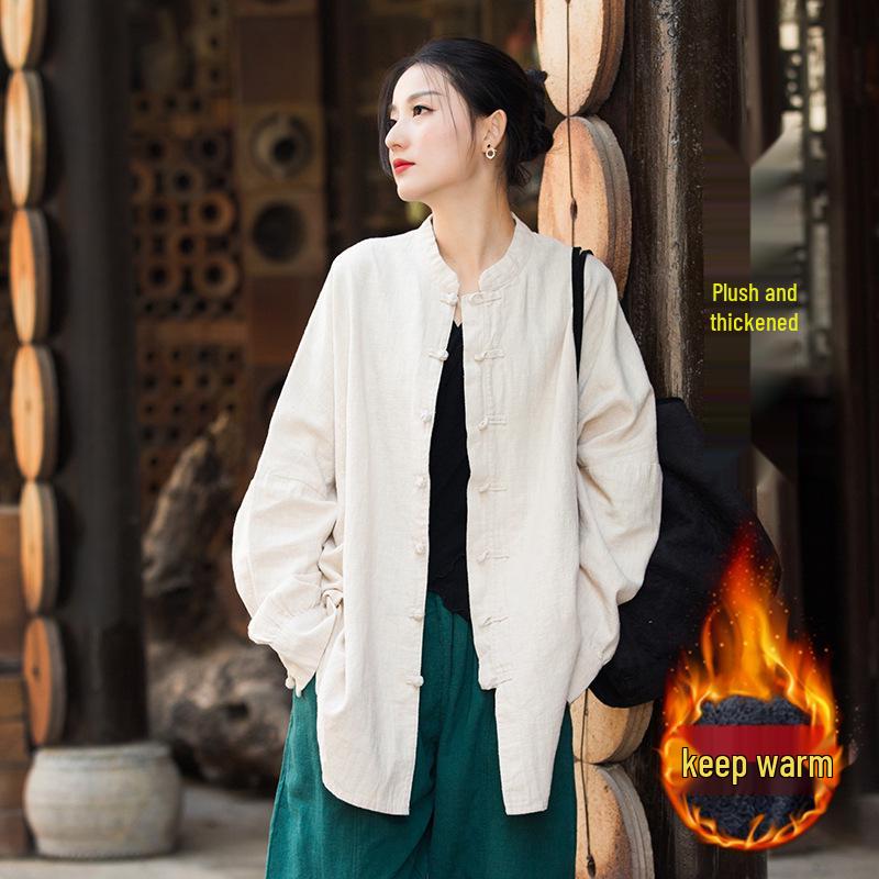 Wiosna/Lato 2025 Damski Bawełniany Lniany Ramie Zen Garnitur do Herbaty Kardigan: Postarzany piaskowy odcień do fotografii podróżniczej.